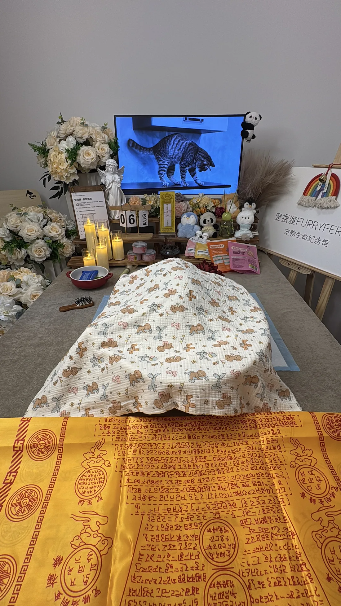 沈阳宠物告别仪式中的鲜花与纪念照片